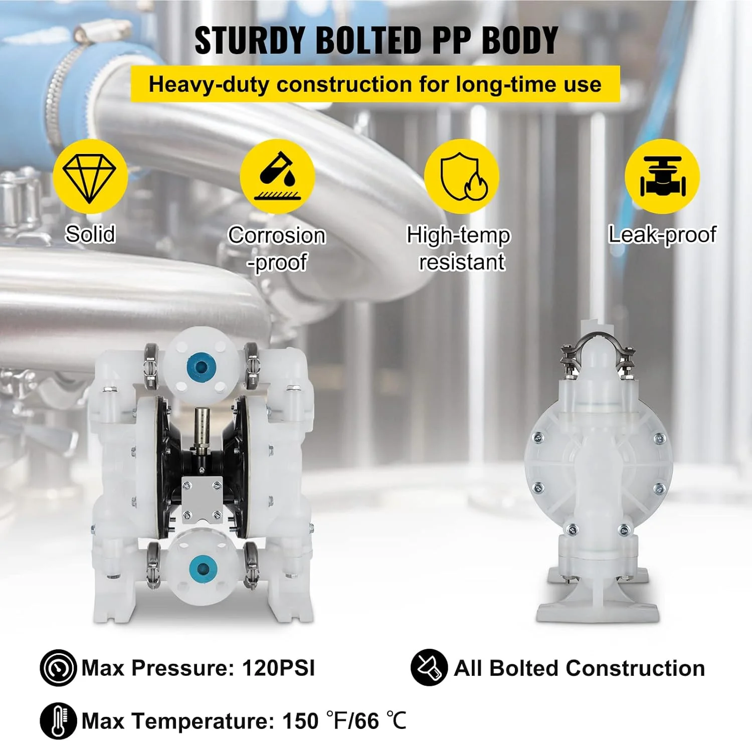 پمپ دیافراگمی دوگانه بادی VEVOR، ورودی/خروجی 1 اینچ، 30GPM پلی پروپیلن، حداکثر 120PSI برای مصارف شیمیایی و صنعتی پمپ دیافراگمی دوگانه بادی VEVOR، ورودی/خروجی 1 اینچ، 30GPM پلی پروپیلن، حداکثر 120PSI برای مصارف شیمیایی و صنعتی