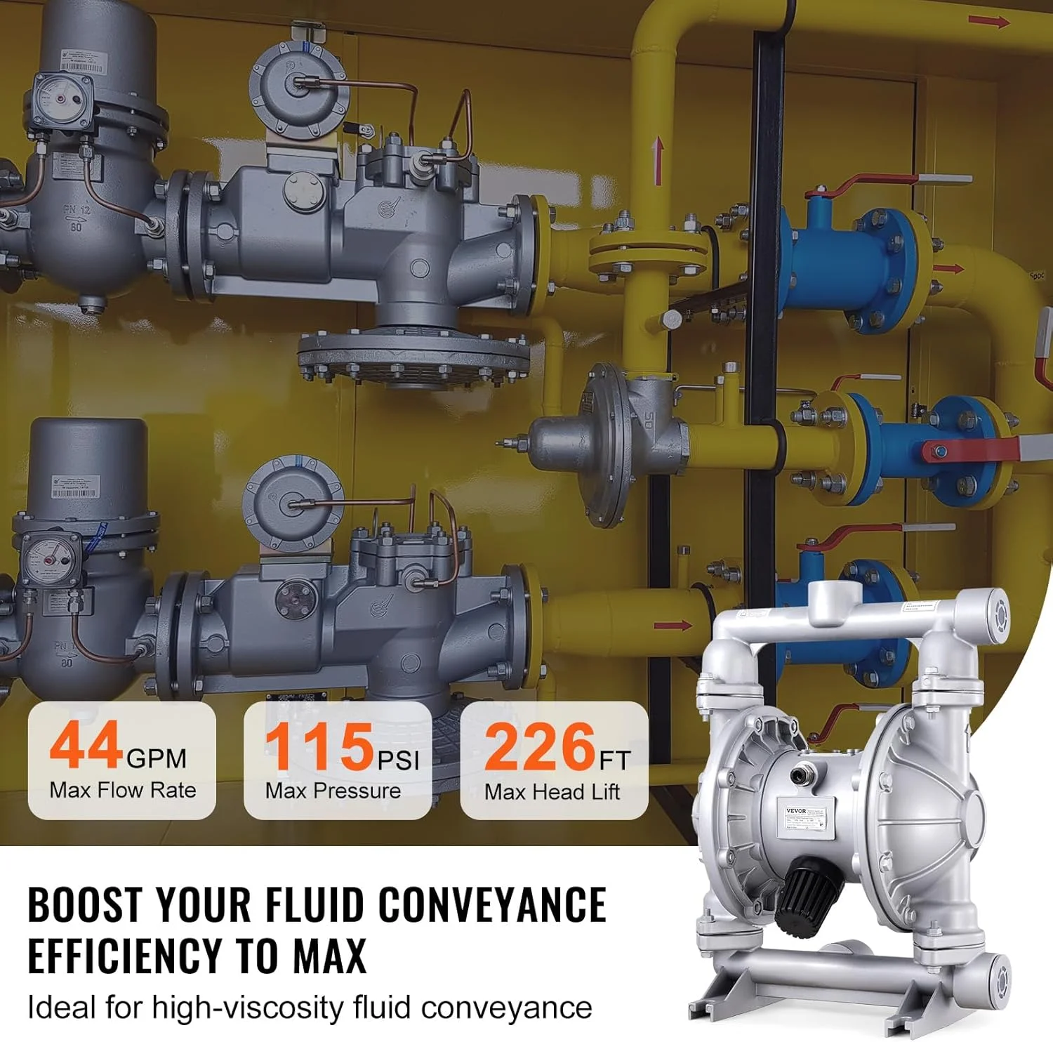 پمپ دیافراگمی دوگانه بادی VEVOR، 44GPM، حداکثر 115PSI پمپ انتقال پنوماتیک روغن ضایعات هوا با 2 دیافراگم اضافی، پمپ دیافراگمی آلیاژ آلومینیوم ورودی و خروجی 1-1/2 اینچی برای روغن گریس دیزل