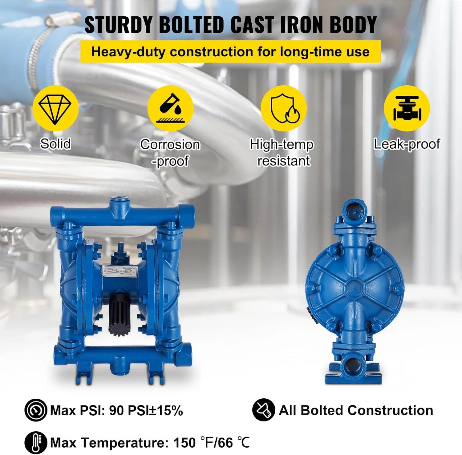 پمپ دیافراگمی دوگانه بادی VEVOR، ورودی و خروجی 1/2 اینچ، بدنه چدنی، 8.8 GPM و حداکثر 120PSI، پمپ انتقال پنوماتیک دیافراگم نیتریل برای نفت، گازوئیل، روغن و مایعات با ویسکوزیته کم پمپ دیافراگمی دوگانه بادی VEVOR، ورودی و خروجی 1/2 اینچ، بدنه چدنی، 8.8 GPM و حداکثر 120PSI، پمپ انتقال پنوماتیک دیافراگم نیتریل برای نفت، گازوئیل، روغن و مایعات با ویسکوزیته کم