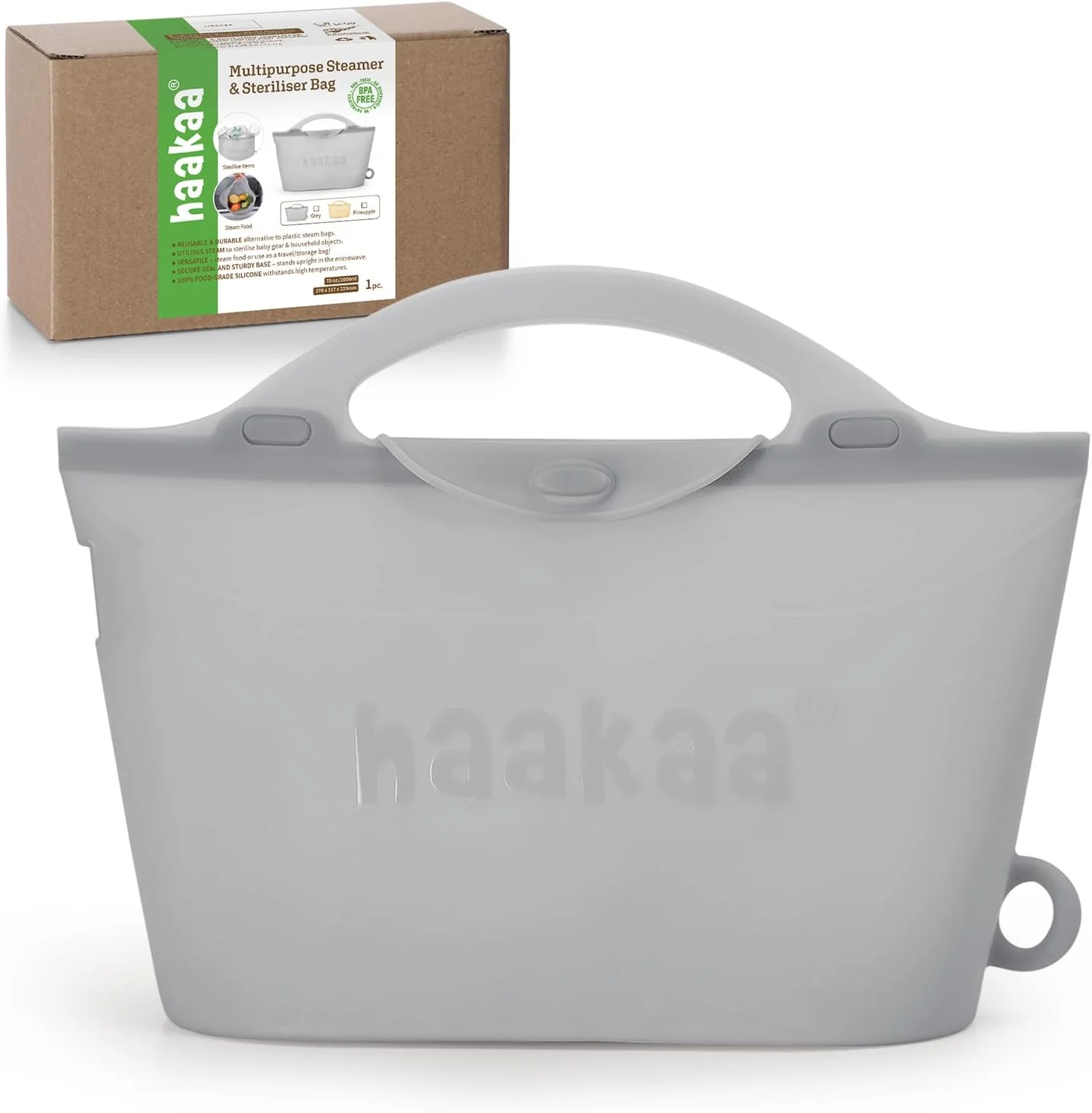 کیسه بخارپز و استریل کننده سیلیکونی مایکروویو Haakaa، ظرفیت بزرگ 2000 میلی لیتری / 70 اونس، کیسه های بخارپز قابل استفاده مجدد برای شیشه شیر کودک، پمپ سینه، لوازم جانبی، پستانک، دندان گیر، مناسب برای خانه و مسافرت، خاکستری / 1 عدد