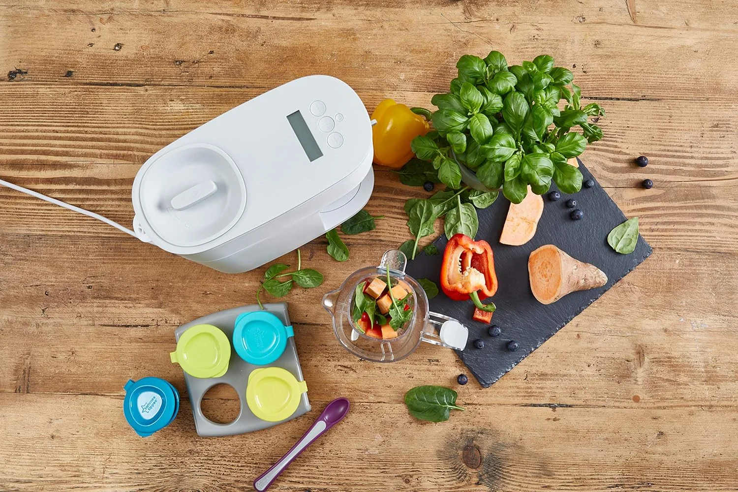 غذاساز کودک تامی تیپی مدل Quick-Cook، مخلوط کن و بخارپز، پردازنده غذا، برای تمام مراحل از شیر گرفتن کودک، ظرفیت 200 گرم، سفید