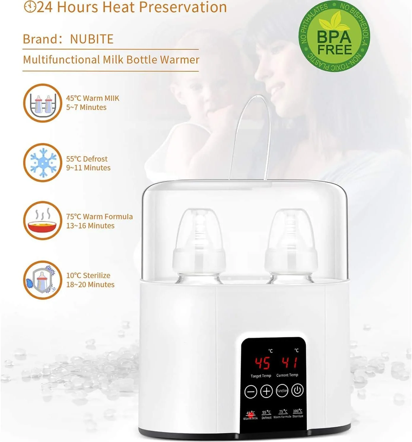 گرم کن شیشه شیر 6 در 1 کودک، برای شیر مادر منجمد و گرم کننده غذای کودک و استریل کننده بخار با برس تمیز کننده و خاموش شدن خودکار ایمن و کنترل دمای تایمر بدون BPA (سفید-1)