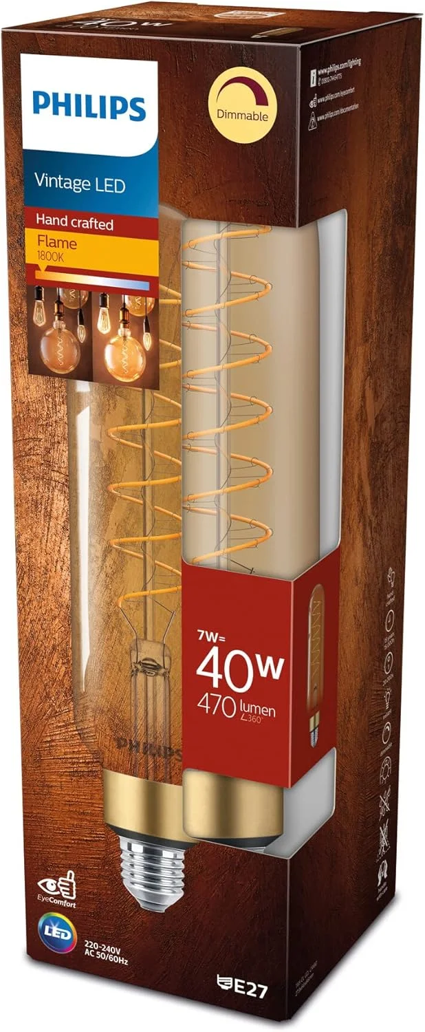 لامپ ال ای دی کلاسیک E27 فیلیپس، 40 وات، لامپ تزئینی وینتیج، لامپ میله ای XL، دیمر دار، طلایی، شفاف، شعله ای