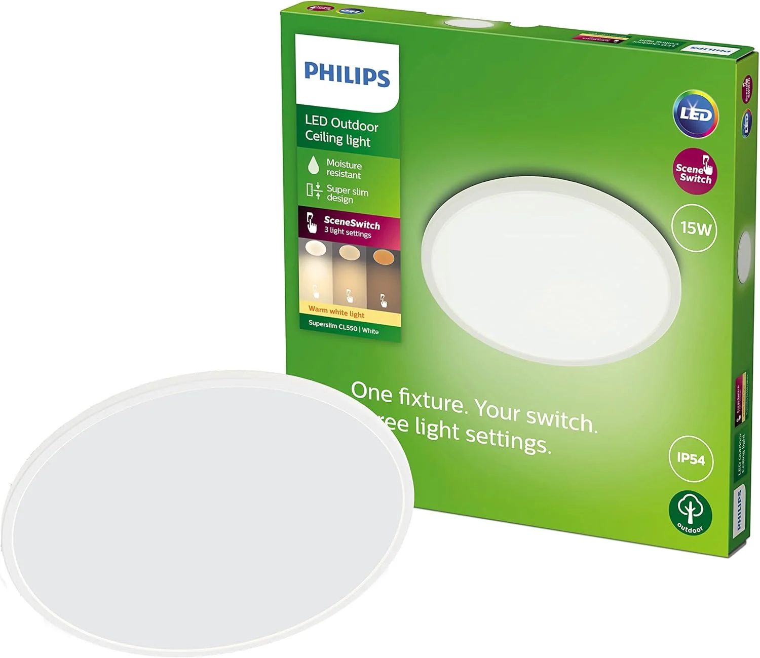 چراغ سقفی LED فوق باریک فیلیپس 15 وات مناسب فضای باز [سفید گرم - سفید] مقاوم در برابر آب IP54، برای روشنایی باغ، پاسیو و تراس.