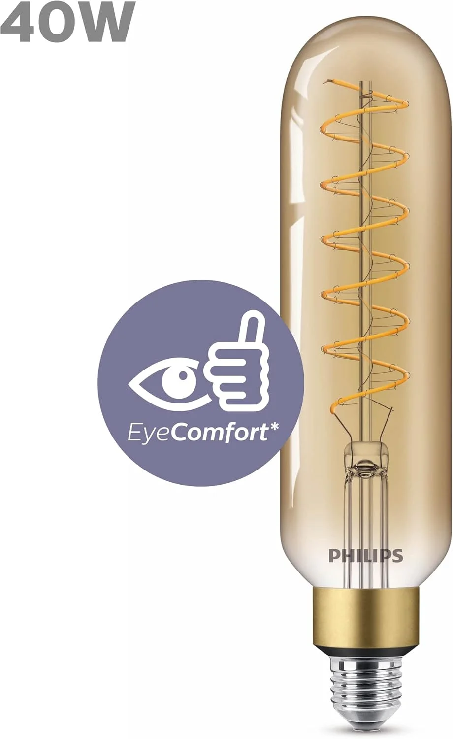 لامپ ال ای دی کلاسیک E27 فیلیپس، 40 وات، لامپ تزئینی وینتیج، لامپ میله ای XL، دیمر دار، طلایی، شفاف، شعله ای