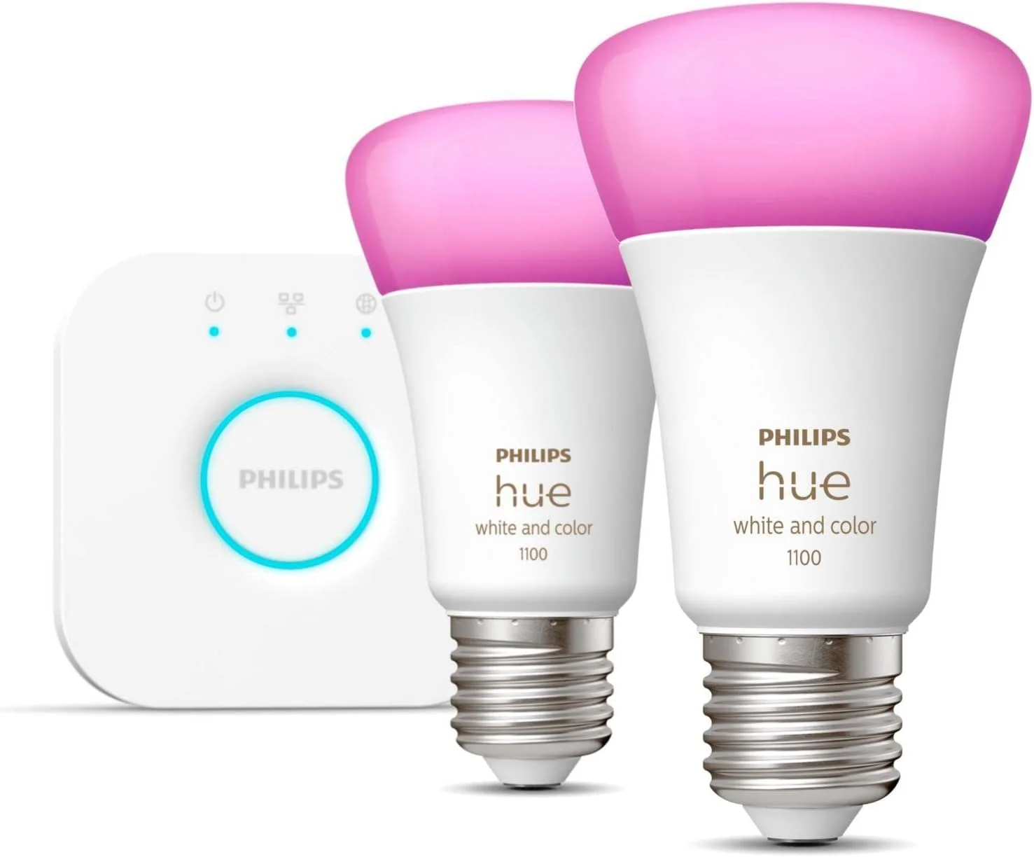 کیت روشنایی بی سیم LED رنگی و سفید Philips Hue با 2 لامپ E27 و Bridge A