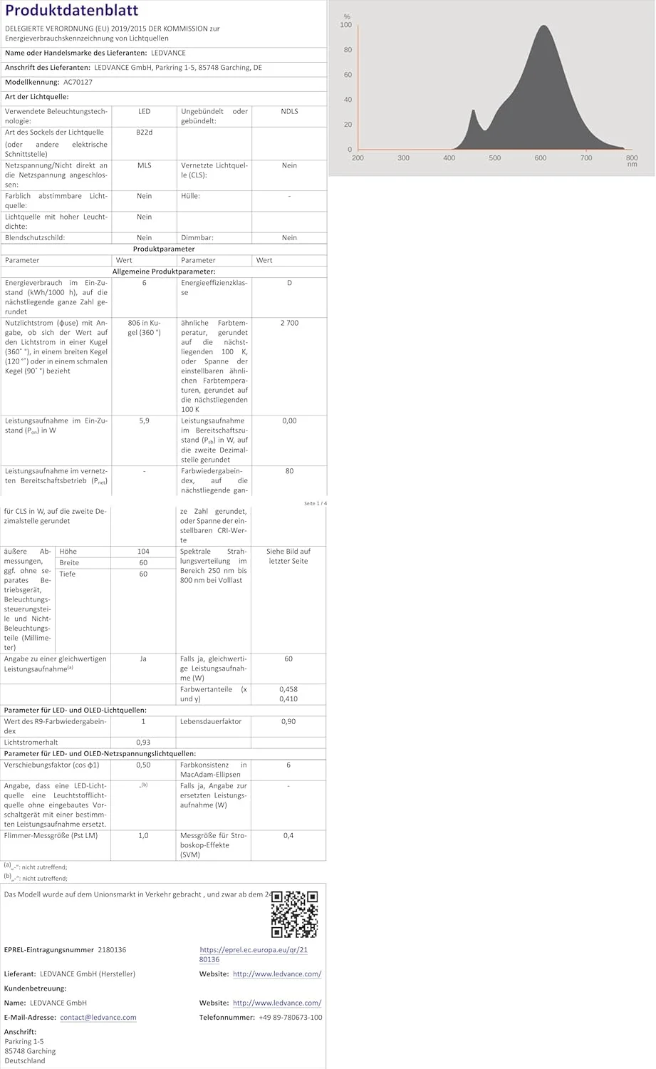 لامپ فیلامنتی استار OSRAM مدل A60، 2700K نور گرم، 5.9 وات، پایه B22d، مات، 806 لومن، 15000 ساعت، ضد خیرگی مناسب چراغ سقفی و چراغ ایستاده