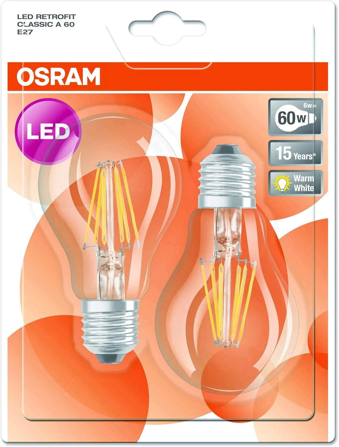 لامپ ال ای دی فیلامنتی کلاسیک OSRAM مدل CL A 60 827، پایه E27، توان 7 وات، نور سفید گرم