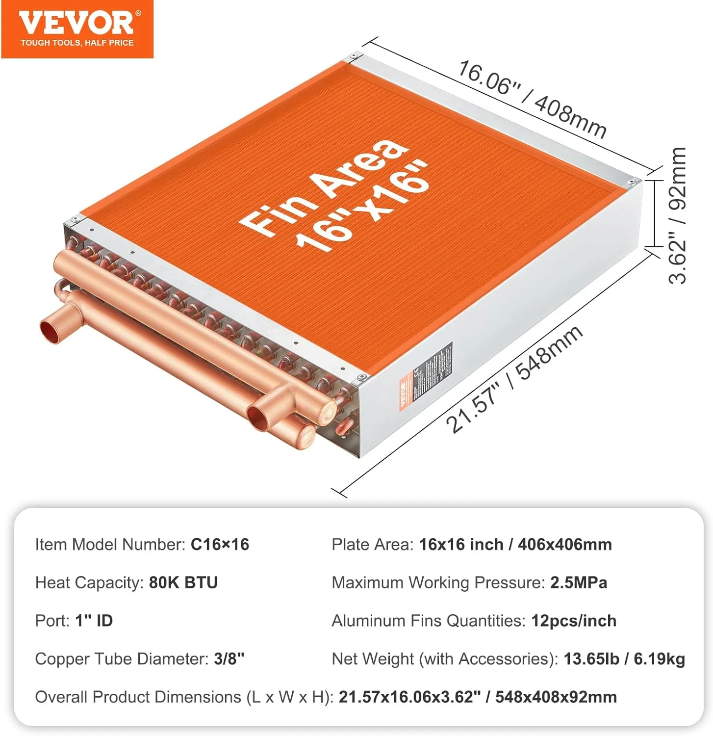 مبدل حرارتی آب به هوا VEVOR، 16"x 16" با پورت های مسی 3 ردیفه 3/8 اینچی، 193 پره آلومینیومی مبدل حرارتی برای کوره های چوبی فضای باز، گرمایش و سرمایش مسکونی و گرمایش هوای اجباری مبدل حرارتی آب به هوا VEVOR، 16"x 16" با پورت های مسی 3 ردیفه 3/8 اینچی، 193 پره آلومینیومی مبدل حرارتی برای کوره های چوبی فضای باز، گرمایش و سرمایش مسکونی و گرمایش هوای اجباری