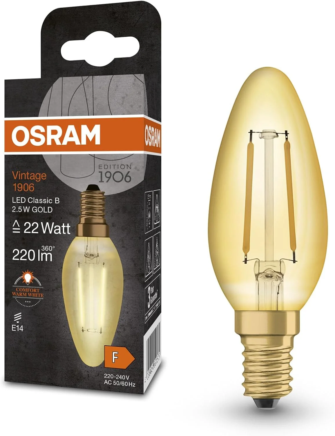 لامپ ال ای دی OSRAM Vintage 1906 Classic B FIL، پایه E14، شکل شمع مینی کلاسیک، طلایی، 2.5 وات، 220 لومن، 2400 کلوین، رنگ نور سفید گرم و راحت، مصرف انرژی بسیار کم، عمر طولانی