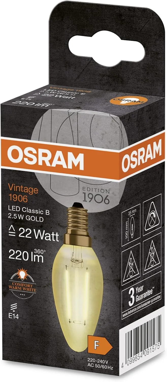 لامپ ال ای دی OSRAM Vintage 1906 Classic B FIL، پایه E14، شکل شمع مینی کلاسیک، طلایی، 2.5 وات، 220 لومن، 2400 کلوین، رنگ نور سفید گرم و راحت، مصرف انرژی بسیار کم، عمر طولانی