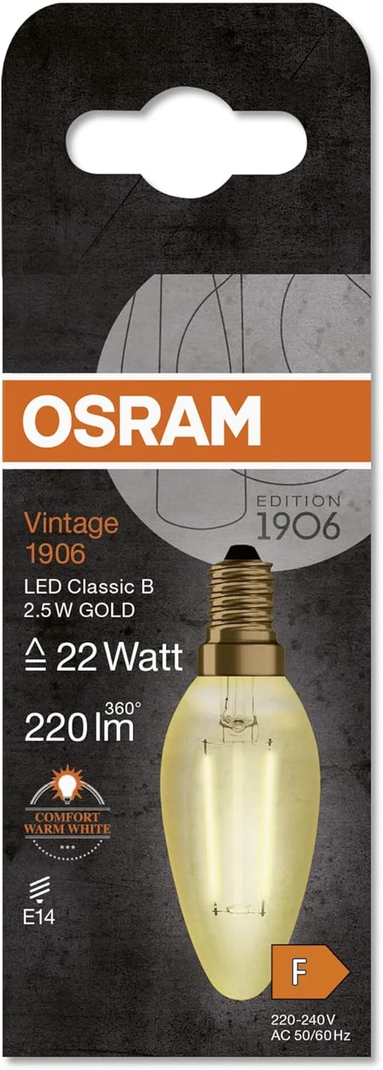 لامپ ال ای دی OSRAM Vintage 1906 Classic B FIL، پایه E14، شکل شمع مینی کلاسیک، طلایی، 2.5 وات، 220 لومن، 2400 کلوین، رنگ نور سفید گرم و راحت، مصرف انرژی بسیار کم، عمر طولانی