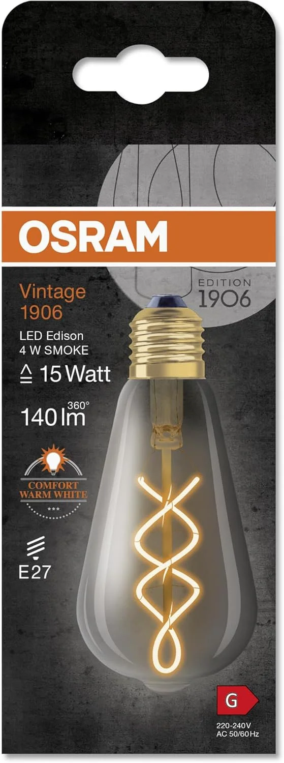 لامپ ال ای دی ادیسونی کلاسیک OSRAM Vintage 1906 FIL، پایه E27، دودی، 4 وات، 140 لومن، 1800 کلوین، رنگ نور سفید گرم راحت، مصرف انرژی بسیار کم، عمر طولانی لامپ ال ای دی ادیسونی کلاسیک OSRAM Vintage 1906 FIL، پایه E27، دودی، 4 وات، 140 لومن، 1800 کلوین، رنگ نور سفید گرم راحت، مصرف انرژی بسیار کم، عمر طولانی