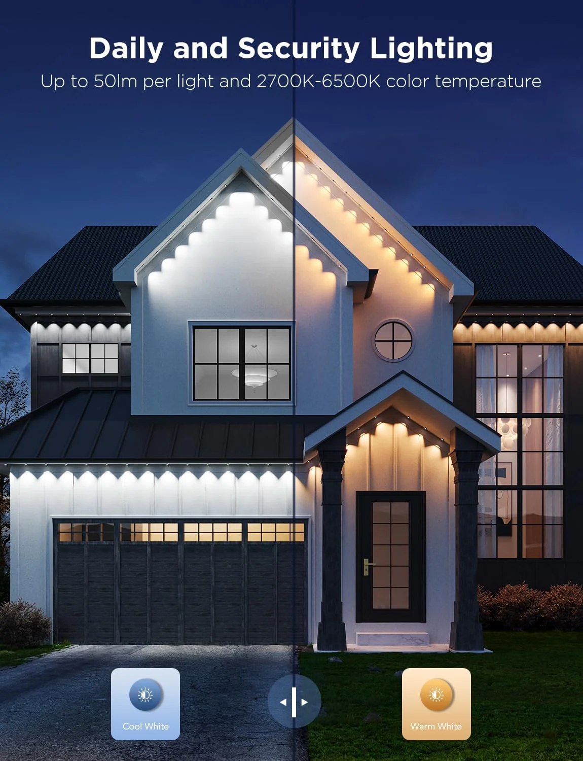 چراغ های دائمی فضای باز Govee Pro، 150 فوت با 90 چراغ LED RGBIC برای روشنایی روزانه و تاکیدی، 75 حالت صحنه برای دکوراسیون فضای باز، ضد آب IP67، سازگار با الکسا، گوگل اسیستنت، Matter، سفید