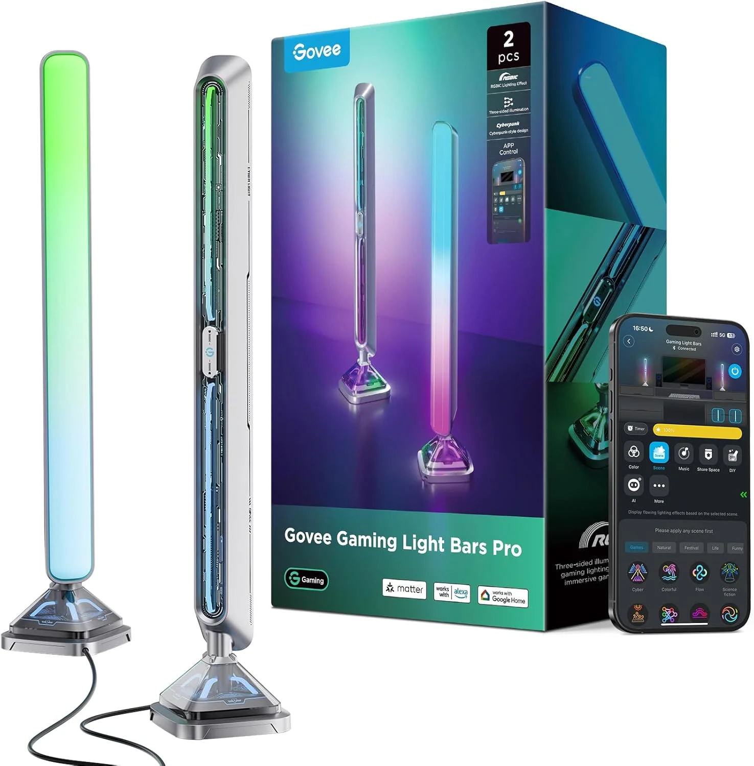نورهای بازی Govee Gaming Light Bars Pro، نورهای LED هوشمند RGBIC سه طرفه 16 اینچی ارتقا یافته، همگام سازی موسیقی و بیش از 60 حالت صحنه، کار با الکسا و گوگل هوم، دکور اتاق بازی