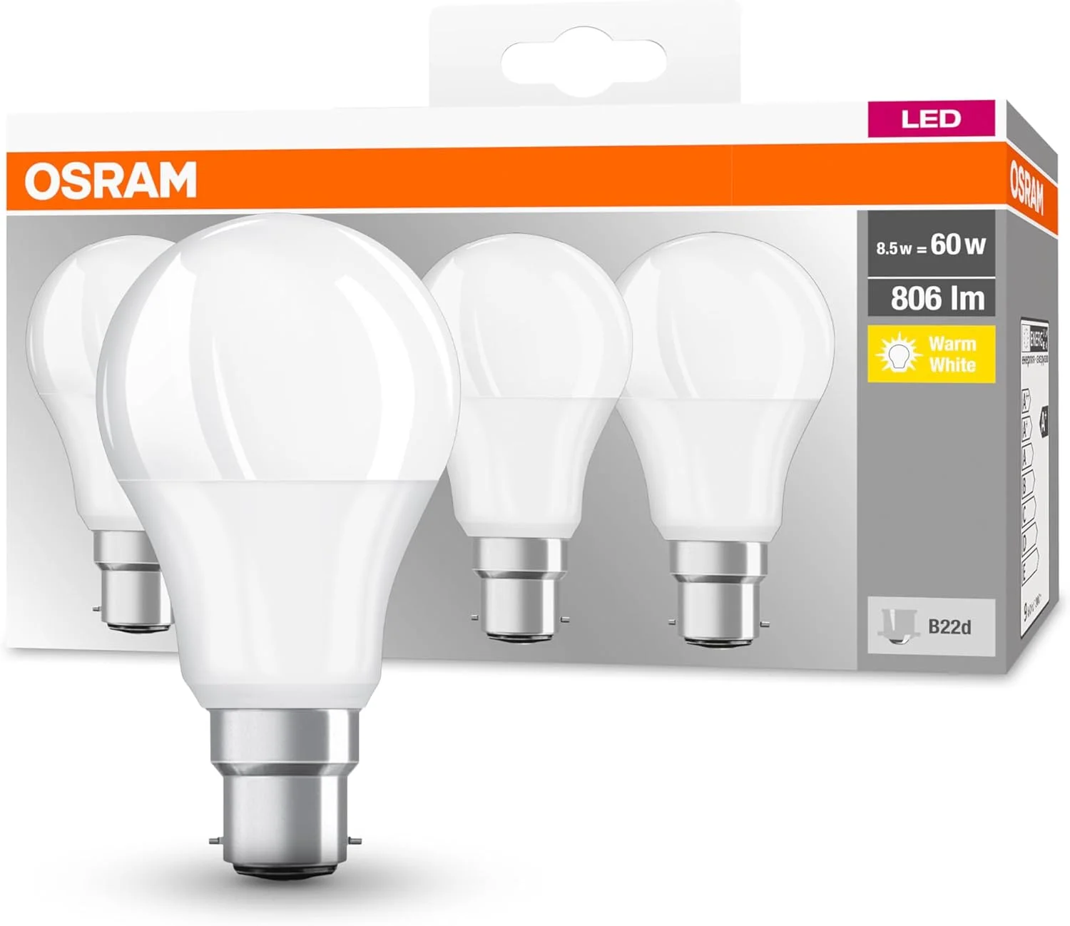 لامپ ال ای دی کلاسیک A اوسرام، پایه B22d، غیر قابل تنظیم نور، جایگزین 60 وات، مات، سفید گرم، 2700 کلوین، بسته 4 عددی