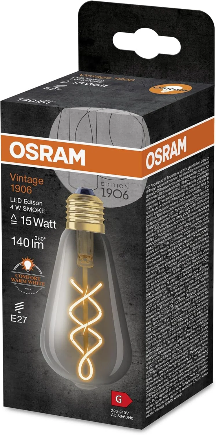 لامپ ال ای دی ادیسونی کلاسیک OSRAM Vintage 1906 FIL، پایه E27، دودی، 4 وات، 140 لومن، 1800 کلوین، رنگ نور سفید گرم راحت، مصرف انرژی بسیار کم، عمر طولانی لامپ ال ای دی ادیسونی کلاسیک OSRAM Vintage 1906 FIL، پایه E27، دودی، 4 وات، 140 لومن، 1800 کلوین، رنگ نور سفید گرم راحت، مصرف انرژی بسیار کم، عمر طولانی