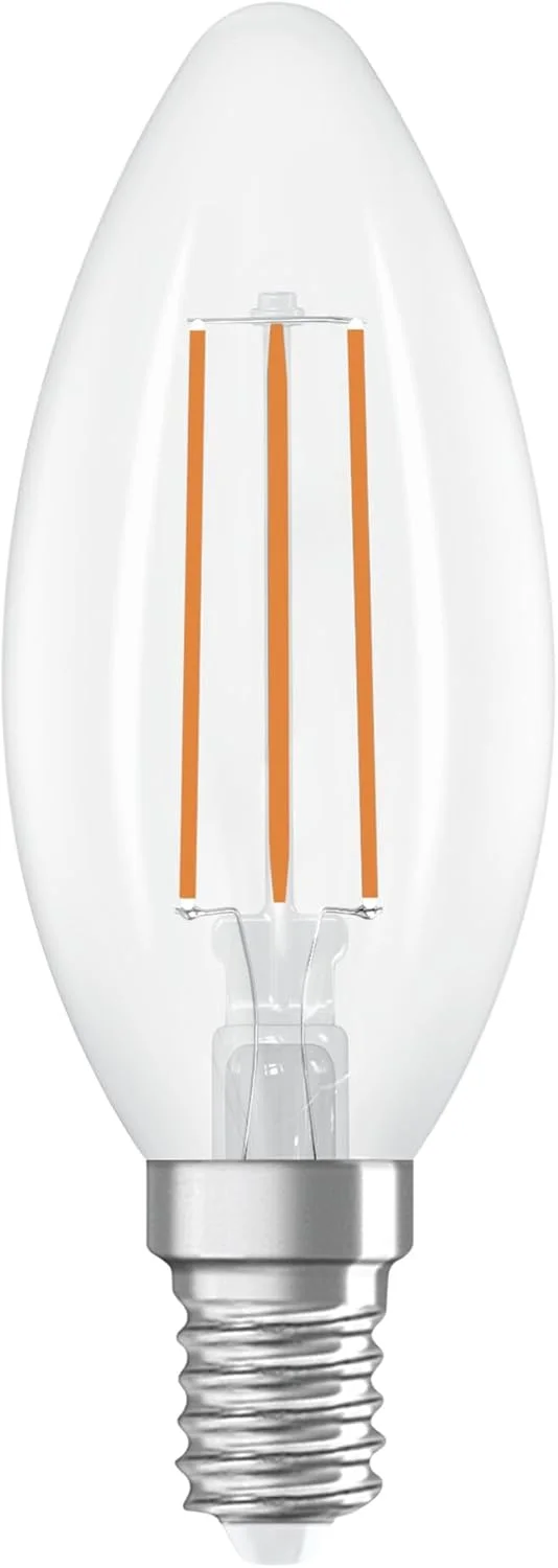 لامپ ال ای دی شمعی کوچک کلاسیک اوسرام، 3.8 وات / 806 لومن / رده انرژی A، نور سفید گرم (2700 کلوین)، CRI 80، شیشه شفاف بدون سرب، پایه E14، درجه حفاظت IP20، قطر 35 میلی متر لامپ ال ای دی شمعی کوچک کلاسیک اوسرام، 3.8 وات / 806 لومن / رده انرژی A، نور سفید گرم (2700 کلوین)، CRI 80، شیشه شفاف بدون سرب، پایه E14، درجه حفاظت IP20، قطر 35 میلی متر