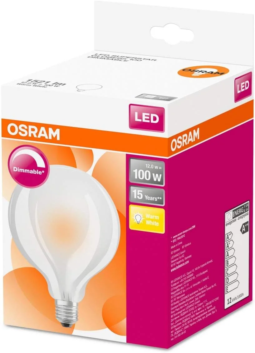 لامپ ال ای دی اسرام | پایه E27 | نور گرم سفید | 2700 کلوین 12 وات LED Star Classic Globe دیمر پذیر معادل لامپ 100 وات لامپ ال ای دی اسرام | پایه E27 | نور گرم سفید | 2700 کلوین 12 وات LED Star Classic Globe دیمر پذیر معادل لامپ 100 وات