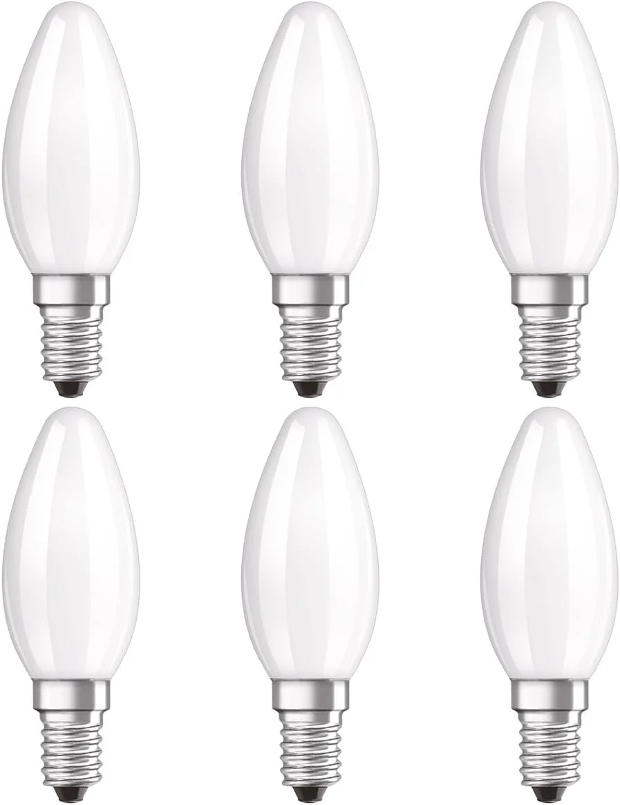 لامپ ال ای دی رتروفیت OSRAM CLASSIC B/LED، شکل شمع مینی کلاسیک: E14، 4 وات، 220…240 ولت، جایگزین 40 وات، مات، سفید گرم، 2700 کلوین، بسته 6 عددی