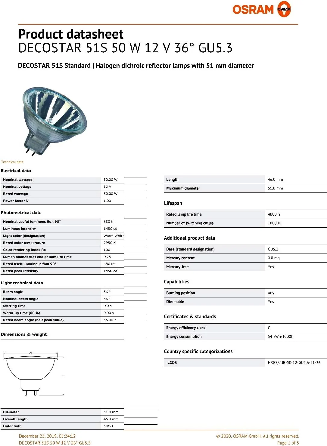 لامپ هالوژن 12 ولت GU5.3 50 وات استاندارد دایره ای OSRAM - بسته 20 عددی - ساخت آلمان لامپ هالوژن 12 ولت GU5.3 50 وات استاندارد دایره ای OSRAM - بسته 20 عددی - ساخت آلمان