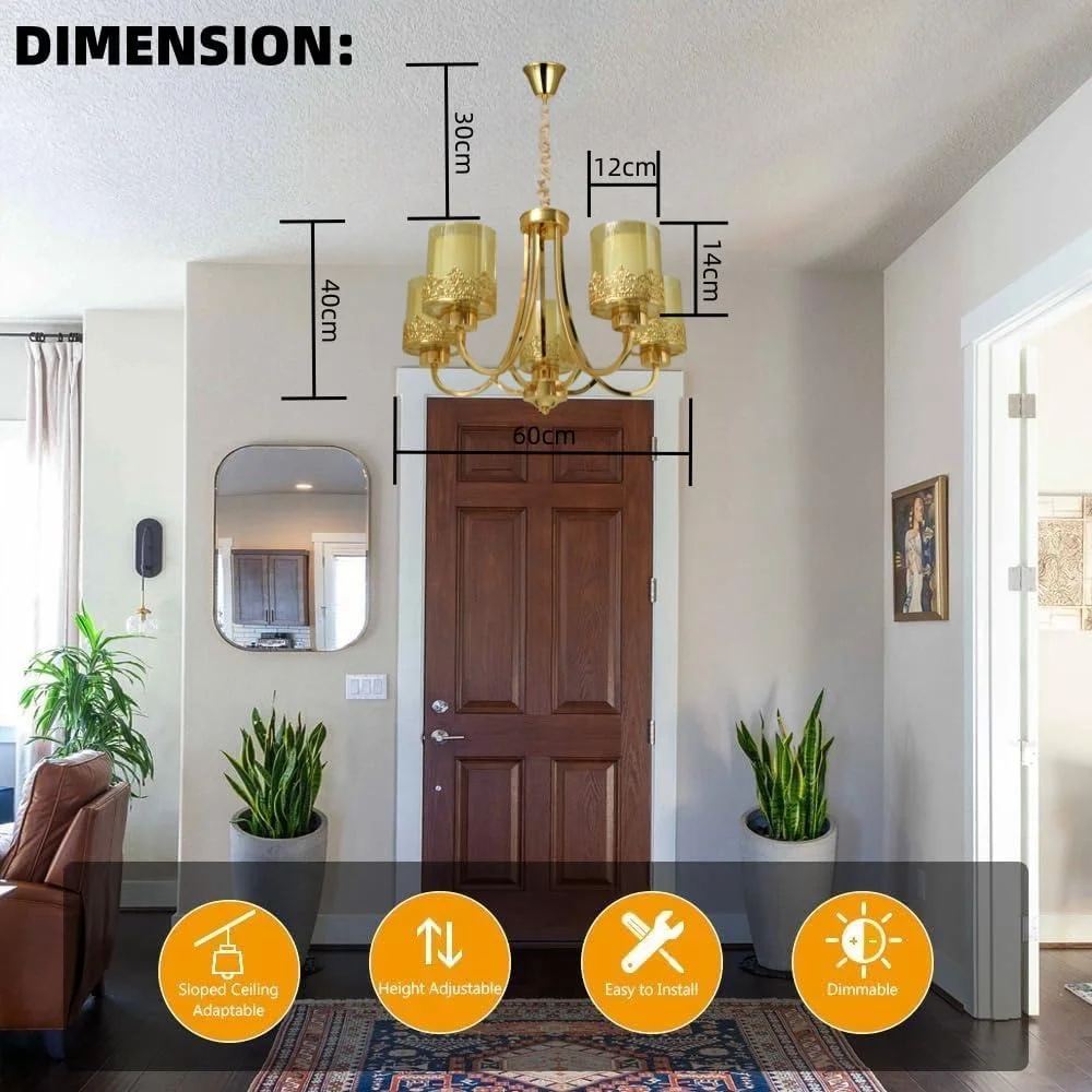 لوستر مدرن طلایی 5 شاخه HUA QIANG WANG، لوستر وینتیج به سبک خانه روستایی، چراغ آویز سقفی نیمه فلاش، مناسب برای اتاق نشیمن، اتاق غذاخوری، اتاق خواب، جزیره آشپزخانه، ورودی