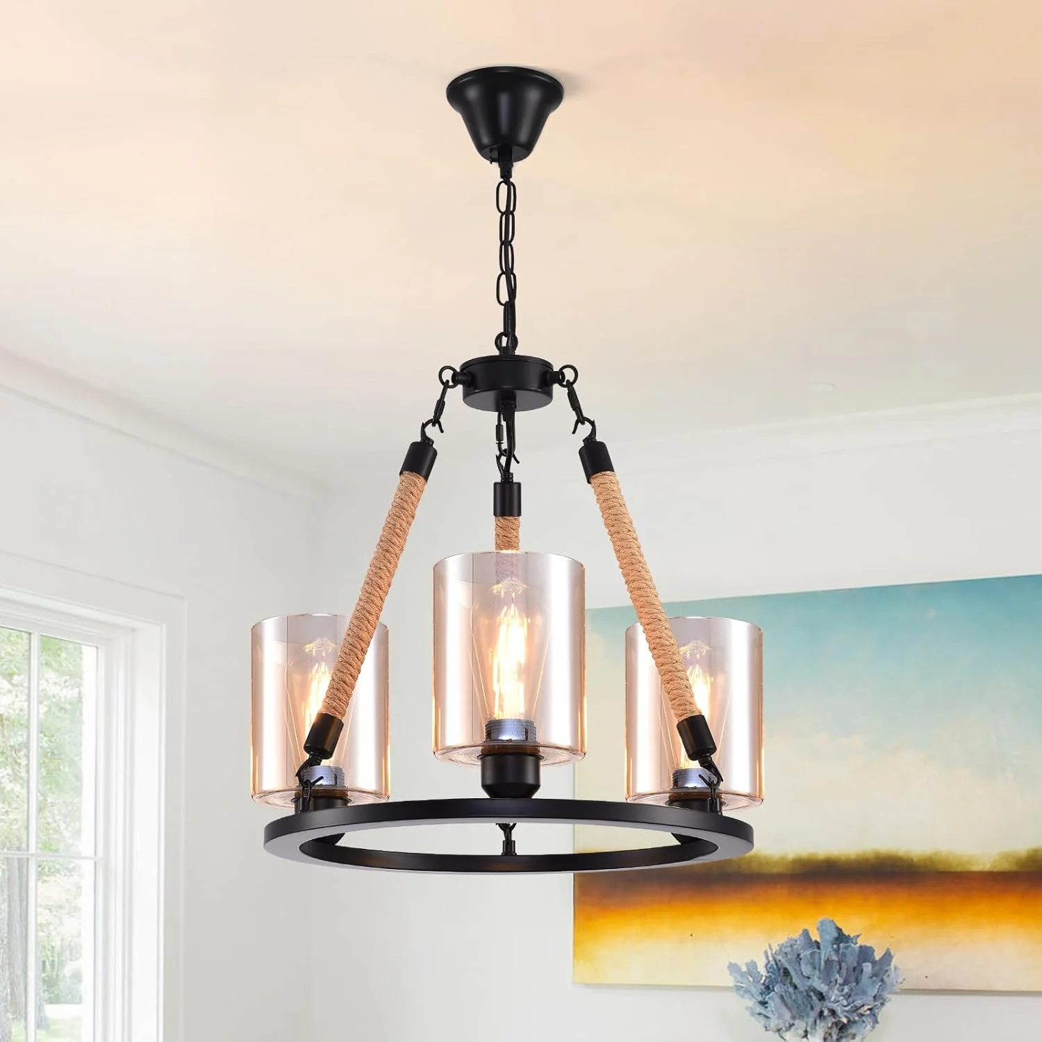 چراغ آویز صنعتی مدرن 3 شعله HUA QIANG WANG، لوستر طنابی وینتیج با شیشه کهربایی برای جزیره آشپزخانه، اتاق غذاخوری، اتاق نشیمن، اتاق خواب