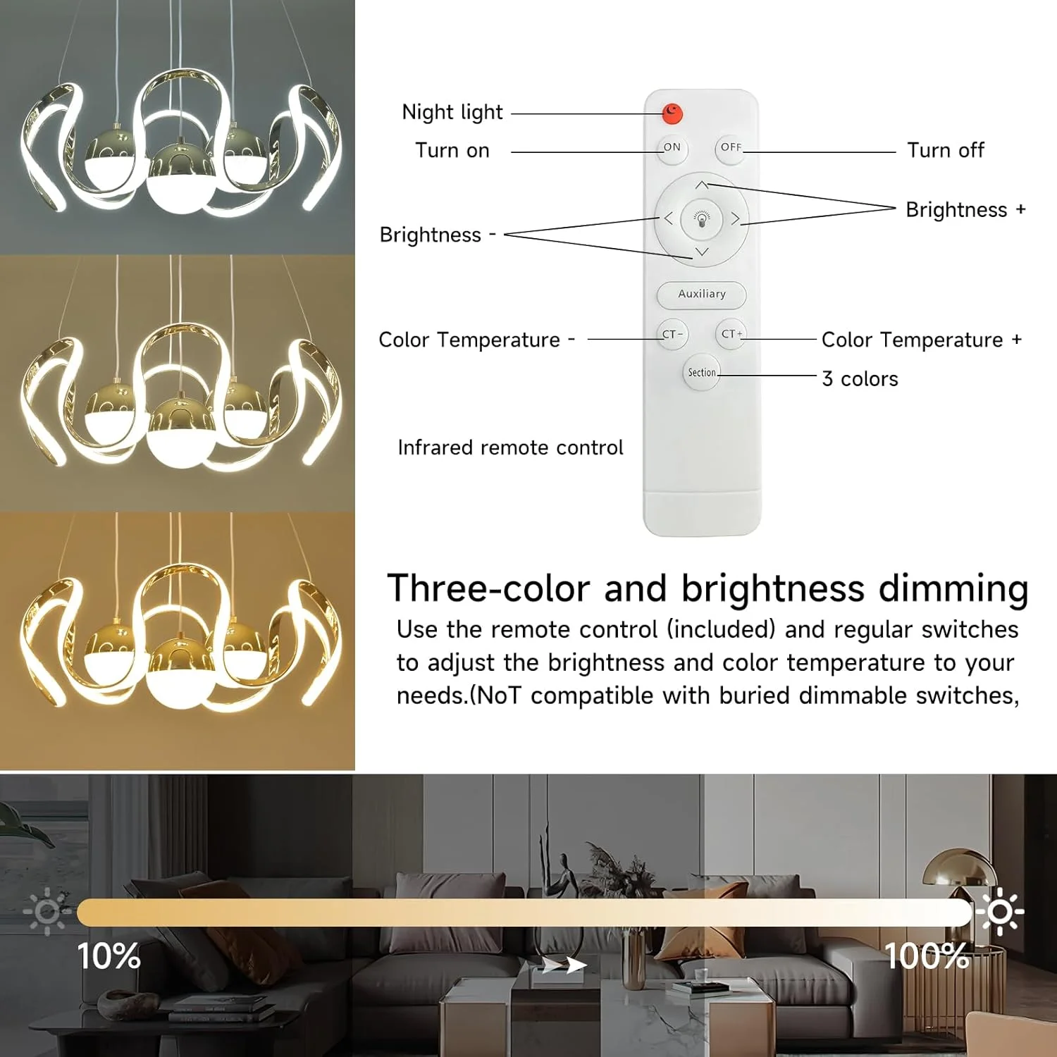 لوستر ال ای دی مدرن و دیمر پذیر هوا چیانگ وانگ با کنترل از راه دور، لوستر آویز سقفی ال ای دی 3 رنگ برای اتاق خواب، اتاق نشیمن، اتاق غذاخوری، جزیره آشپزخانه (طلایی) لوستر ال ای دی مدرن و دیمر پذیر هوا چیانگ وانگ با کنترل از راه دور، لوستر آویز سقفی ال ای دی 3 رنگ برای اتاق خواب، اتاق نشیمن، اتاق غذاخوری، جزیره آشپزخانه (طلایی)
