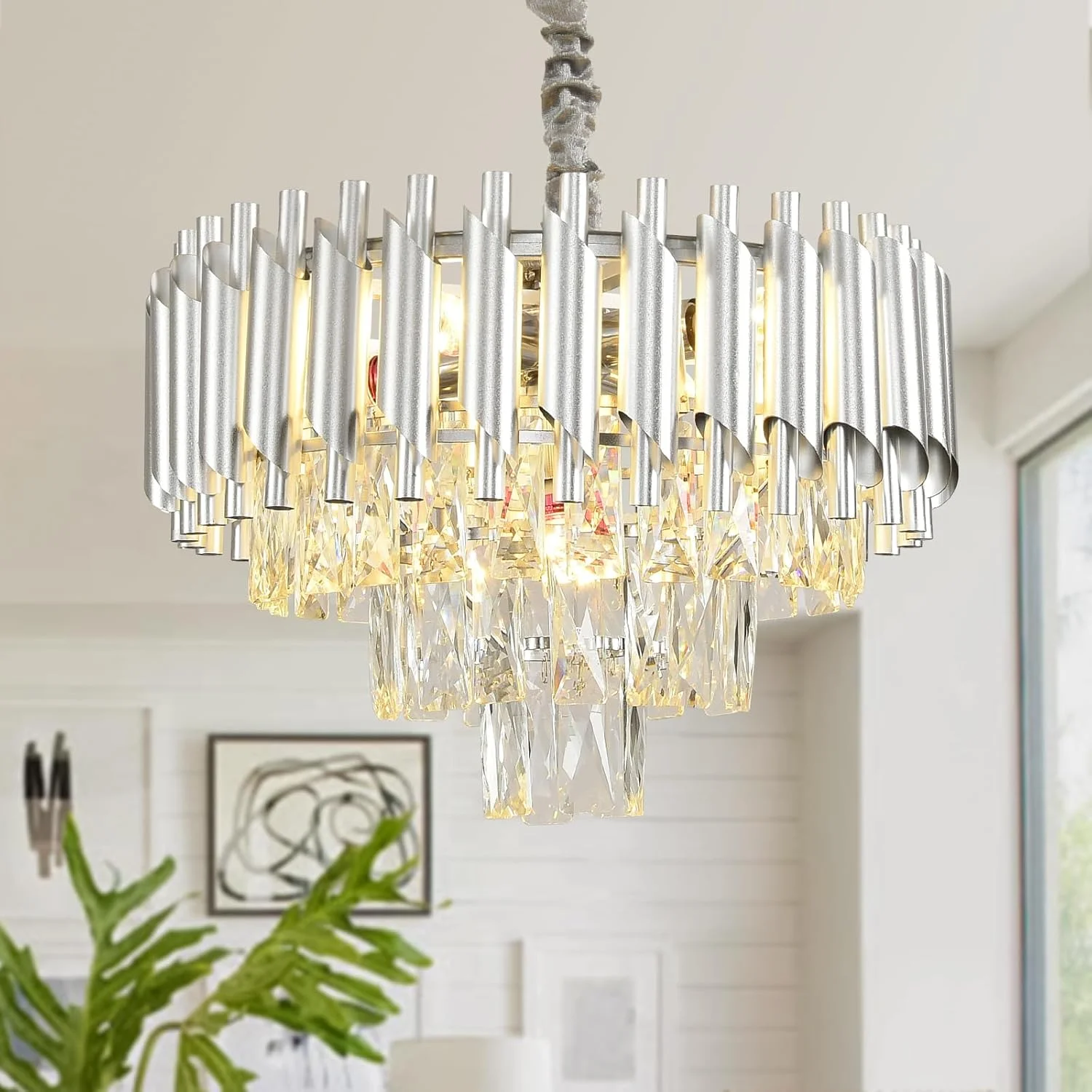 لوسترهای کریستالی مدرن HUA QIANG WANG، لوستر کرومی 16 اینچی، چراغ آویز کریستالی گرد، چراغ های سقفی لوستر مدرن 3 طبقه برای اتاق غذاخوری، اتاق نشیمن، اتاق خواب، راهرو (400 میلی متر)