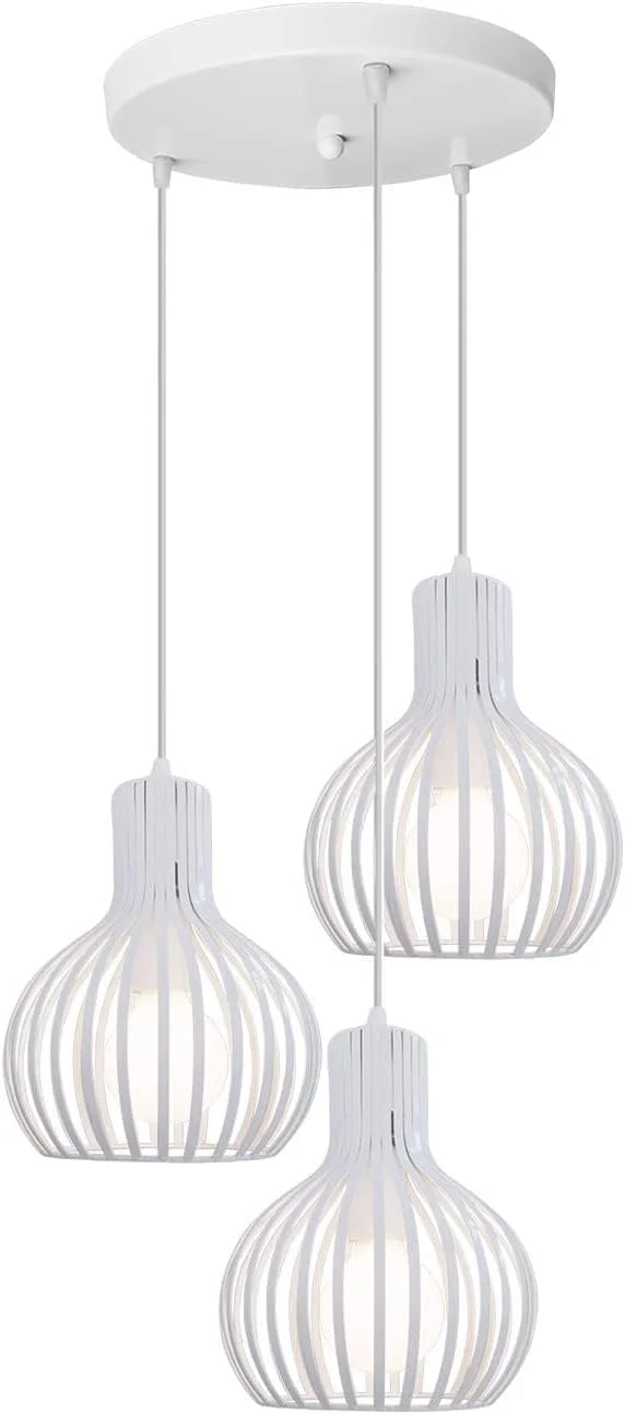 چراغ آویز صنعتی 3 شعله HUA QIANG WANG، چراغ آویز قفس فلزی هندسی سفید، لوستر سقفی وینتیج برای جزیره آشپزخانه اتاق غذاخوری سرسرای ورودی راهرو