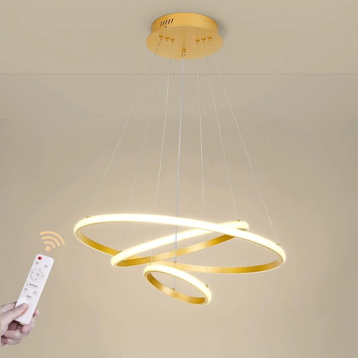 چراغ آویز LED مدرن HUA QIANG WANG، لوستر سقفی طلایی 3 حلقه ای دیمر شونده با کنترل از راه دور، چراغ آویز LED 3 رنگ برای اتاق خواب، اتاق نشیمن، اتاق غذاخوری