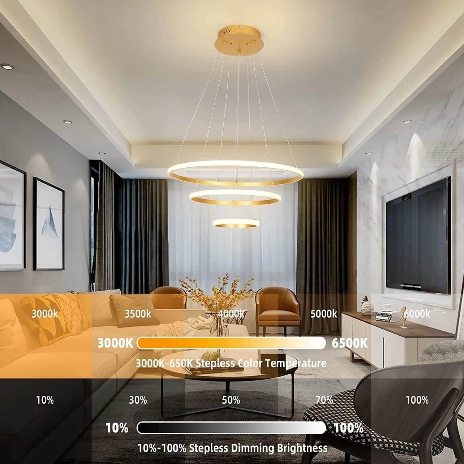 چراغ آویز LED مدرن HUA QIANG WANG، لوستر سقفی طلایی 3 حلقه ای دیمر شونده با کنترل از راه دور، چراغ آویز LED 3 رنگ برای اتاق خواب، اتاق نشیمن، اتاق غذاخوری چراغ آویز LED مدرن HUA QIANG WANG، لوستر سقفی طلایی 3 حلقه ای دیمر شونده با کنترل از راه دور، چراغ آویز LED 3 رنگ برای اتاق خواب، اتاق نشیمن، اتاق غذاخوری