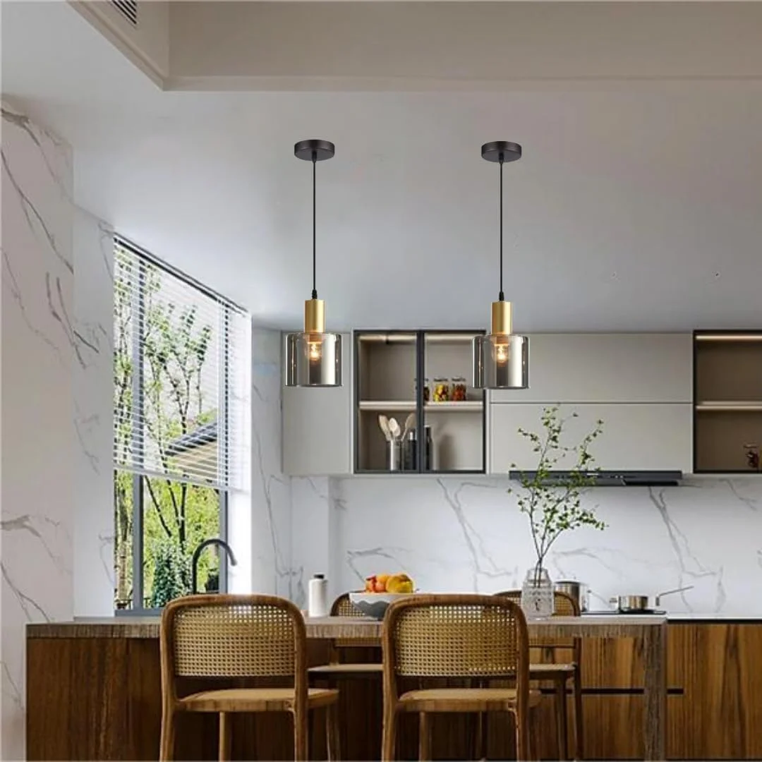 چراغ آویز شیشه ای HUA QIANG WANG، چراغ آویز مدرن با سایه استوانه ای دودی خاکستری، چراغ روشنایی آویز صنعتی وینتیج