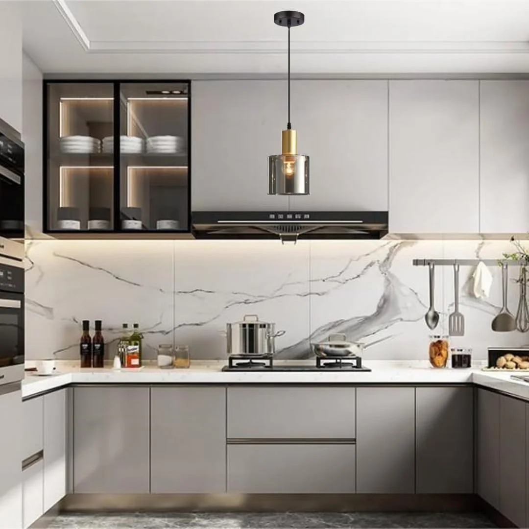 چراغ آویز شیشه ای HUA QIANG WANG، چراغ آویز مدرن با سایه استوانه ای دودی خاکستری، چراغ روشنایی آویز صنعتی وینتیج