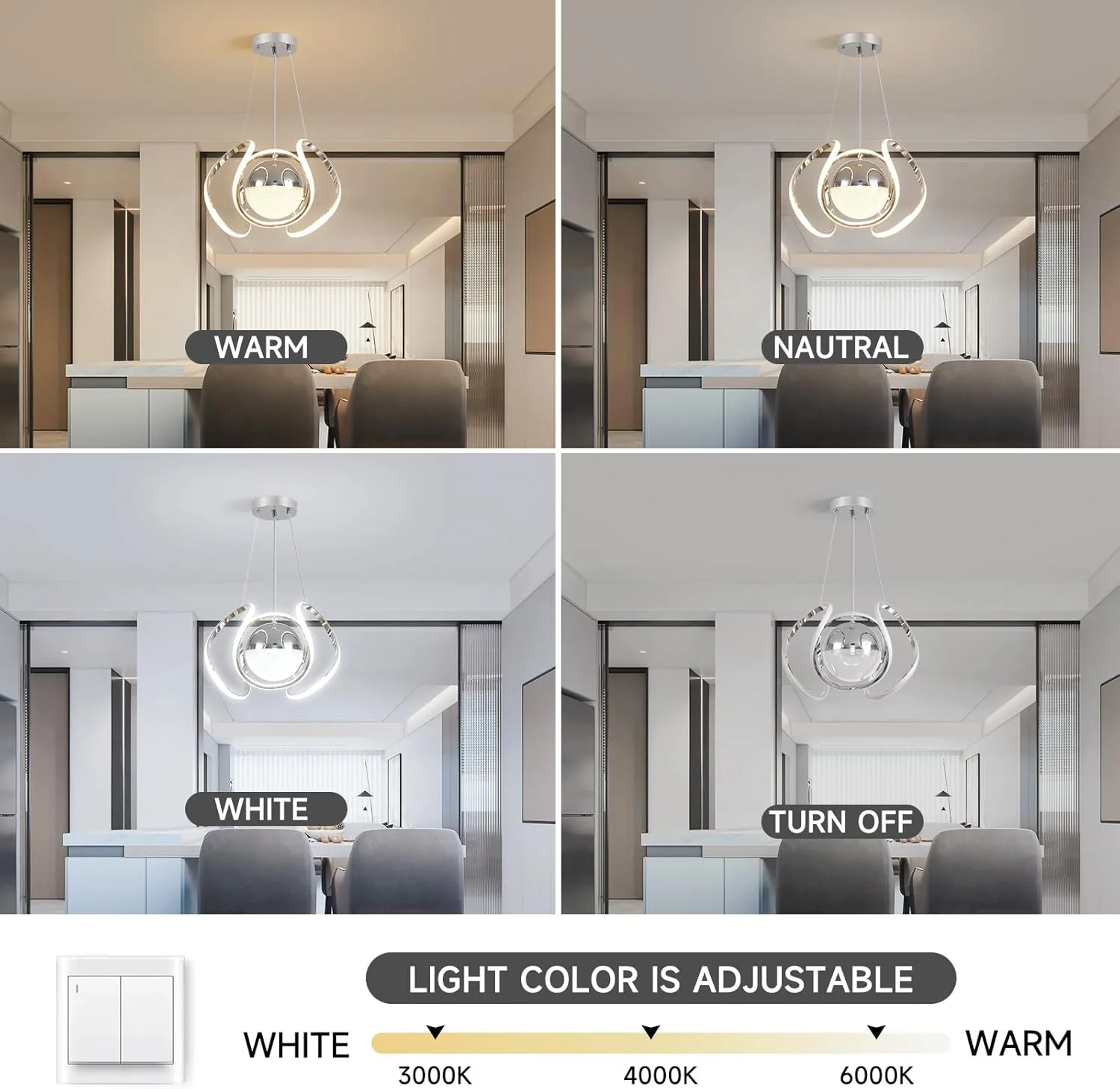 لوستر ال ای دی مدرن 3 رنگ HUA QIANG WANG، لوستر کروم، چراغ آویز اتاق ناهارخوری، چراغ آویز سقفی با ارتفاع قابل تنظیم برای اتاق نشیمن، ورودی، راه پله، اتاق خواب، جزیره آشپزخانه لوستر ال ای دی مدرن 3 رنگ HUA QIANG WANG، لوستر کروم، چراغ آویز اتاق ناهارخوری، چراغ آویز سقفی با ارتفاع قابل تنظیم برای اتاق نشیمن، ورودی، راه پله، اتاق خواب، جزیره آشپزخانه