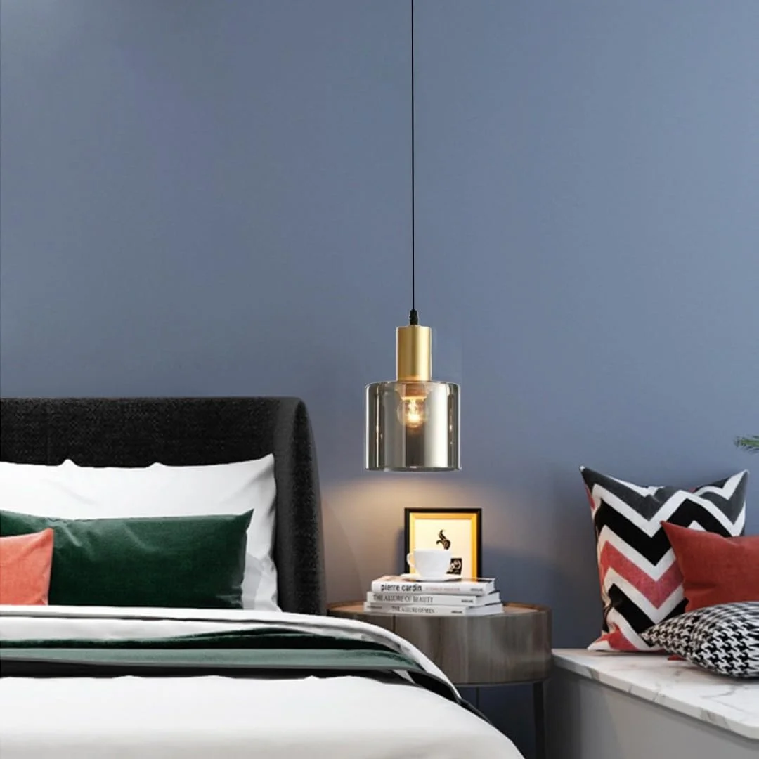 چراغ آویز شیشه ای HUA QIANG WANG، چراغ آویز مدرن با سایه استوانه ای دودی خاکستری، چراغ روشنایی آویز صنعتی وینتیج