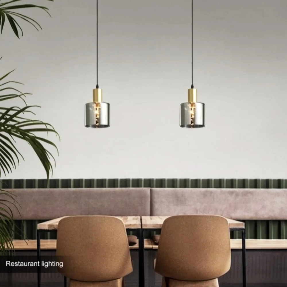 چراغ آویز شیشه ای HUA QIANG WANG، چراغ آویز مدرن با سایه استوانه ای دودی خاکستری، چراغ روشنایی آویز صنعتی وینتیج