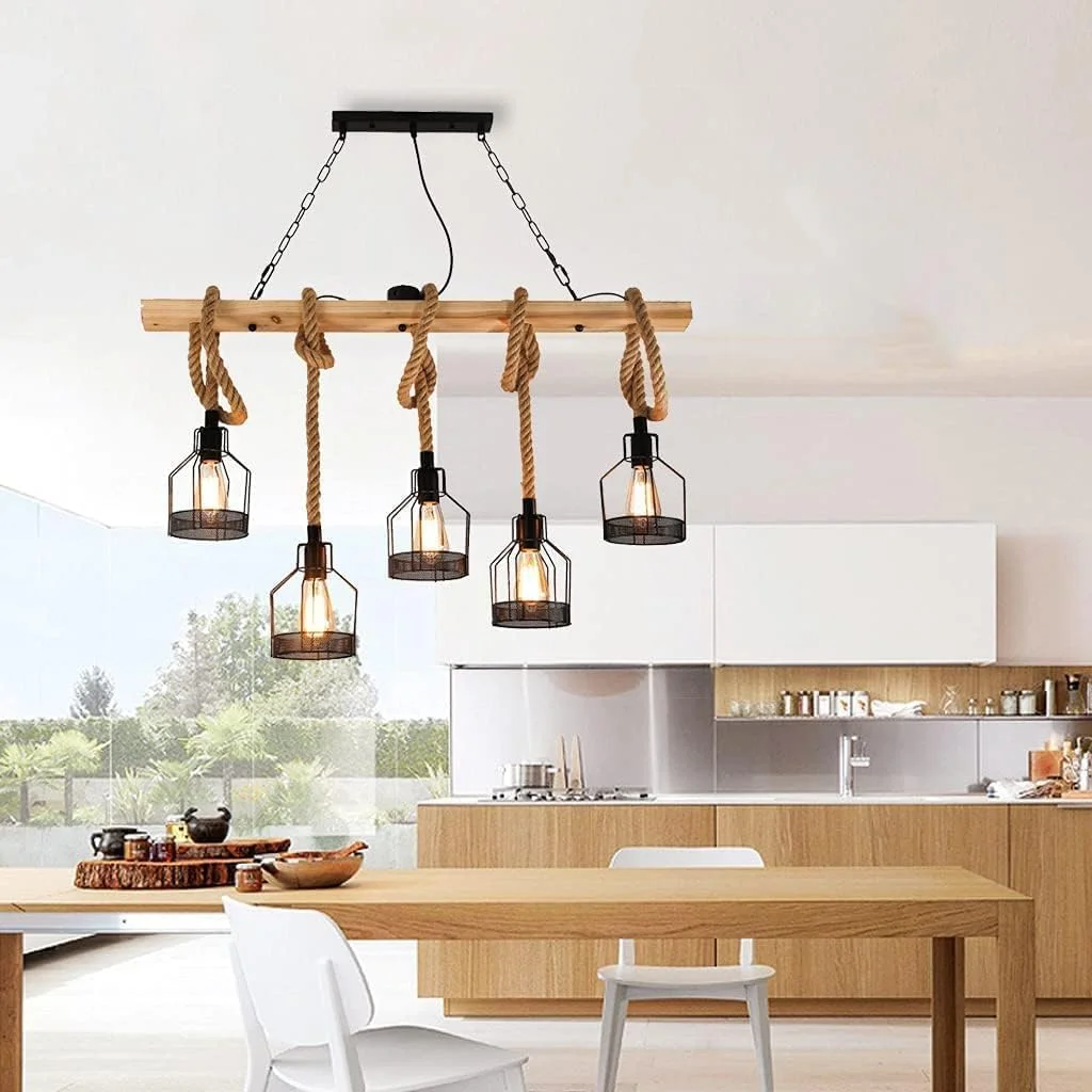لوستر طنابی کنفی 5 شاخه HUA QIANG WANG، روشنایی سقفی روستیک، چراغ آویز فلزی چوبی صنعتی، چراغ آویز وینتیج برای اتاق نشیمن، اتاق غذاخوری، اتاق خواب، جزیره آشپزخانه
