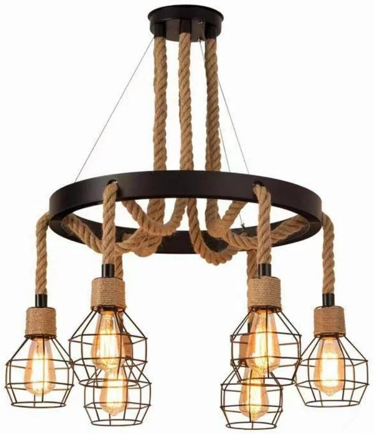 چراغ آویز صنعتی 6 شاخه HUA QIANG WANG، لوستر طناب کنفی روستایی، چراغ آویز قفس آهنی وینتیج برای جزیره آشپزخانه، اتاق غذاخوری، اتاق نشیمن، اتاق خواب چراغ آویز صنعتی 6 شاخه HUA QIANG WANG، لوستر طناب کنفی روستایی، چراغ آویز قفس آهنی وینتیج برای جزیره آشپزخانه، اتاق غذاخوری، اتاق نشیمن، اتاق خواب