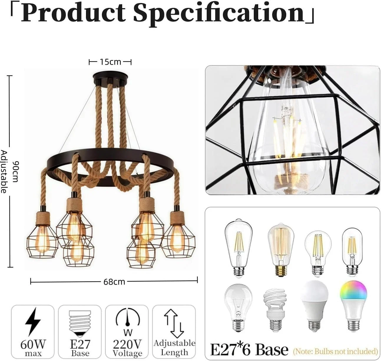 چراغ آویز صنعتی 6 شاخه HUA QIANG WANG، لوستر طناب کنفی روستایی، چراغ آویز قفس آهنی وینتیج برای جزیره آشپزخانه، اتاق غذاخوری، اتاق نشیمن، اتاق خواب چراغ آویز صنعتی 6 شاخه HUA QIANG WANG، لوستر طناب کنفی روستایی، چراغ آویز قفس آهنی وینتیج برای جزیره آشپزخانه، اتاق غذاخوری، اتاق نشیمن، اتاق خواب