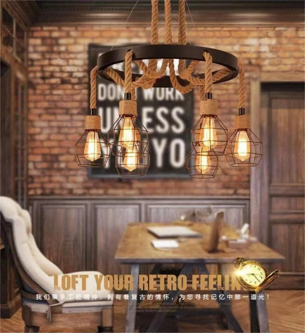چراغ آویز صنعتی 6 شاخه HUA QIANG WANG، لوستر طناب کنفی روستایی، چراغ آویز قفس آهنی وینتیج برای جزیره آشپزخانه، اتاق غذاخوری، اتاق نشیمن، اتاق خواب چراغ آویز صنعتی 6 شاخه HUA QIANG WANG، لوستر طناب کنفی روستایی، چراغ آویز قفس آهنی وینتیج برای جزیره آشپزخانه، اتاق غذاخوری، اتاق نشیمن، اتاق خواب