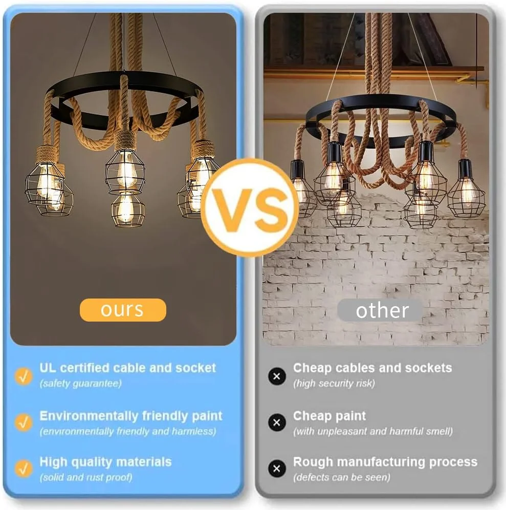 چراغ آویز صنعتی 6 شاخه HUA QIANG WANG، لوستر طناب کنفی روستایی، چراغ آویز قفس آهنی وینتیج برای جزیره آشپزخانه، اتاق غذاخوری، اتاق نشیمن، اتاق خواب چراغ آویز صنعتی 6 شاخه HUA QIANG WANG، لوستر طناب کنفی روستایی، چراغ آویز قفس آهنی وینتیج برای جزیره آشپزخانه، اتاق غذاخوری، اتاق نشیمن، اتاق خواب