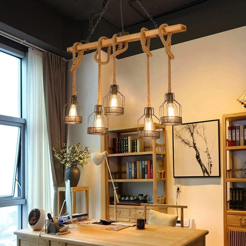 لوستر طنابی کنفی 5 شاخه HUA QIANG WANG، روشنایی سقفی روستیک، چراغ آویز فلزی چوبی صنعتی، چراغ آویز وینتیج برای اتاق نشیمن، اتاق غذاخوری، اتاق خواب، جزیره آشپزخانه
