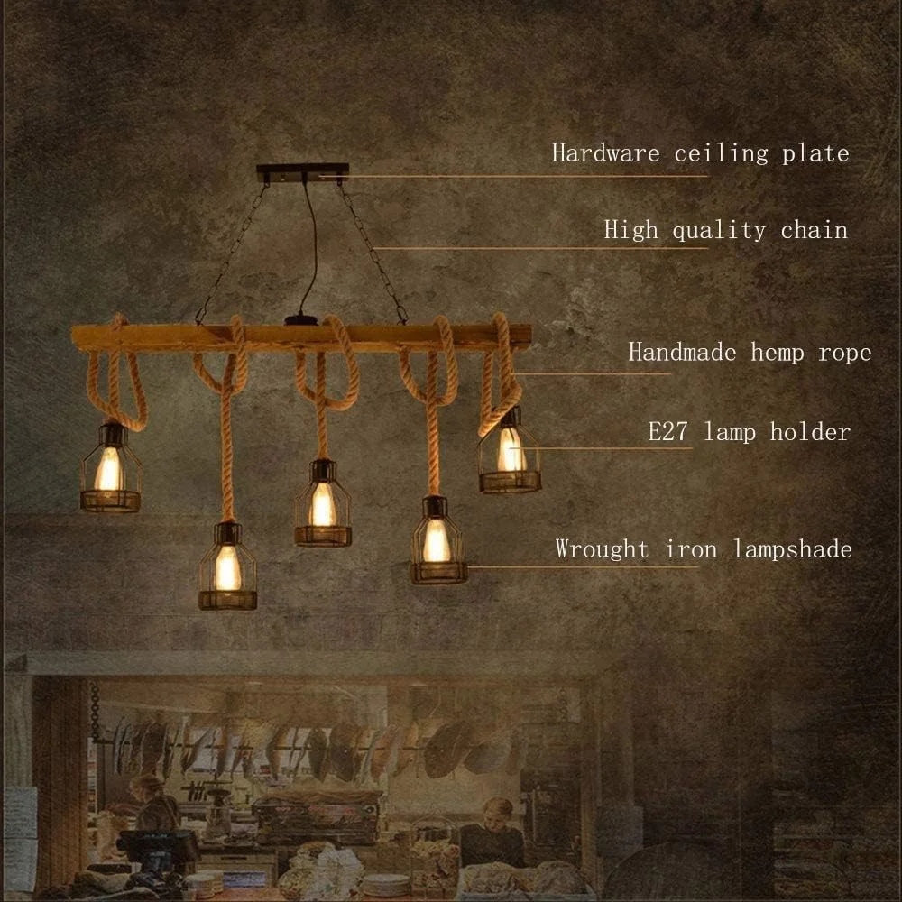 لوستر طنابی کنفی 5 شاخه HUA QIANG WANG، روشنایی سقفی روستیک، چراغ آویز فلزی چوبی صنعتی، چراغ آویز وینتیج برای اتاق نشیمن، اتاق غذاخوری، اتاق خواب، جزیره آشپزخانه