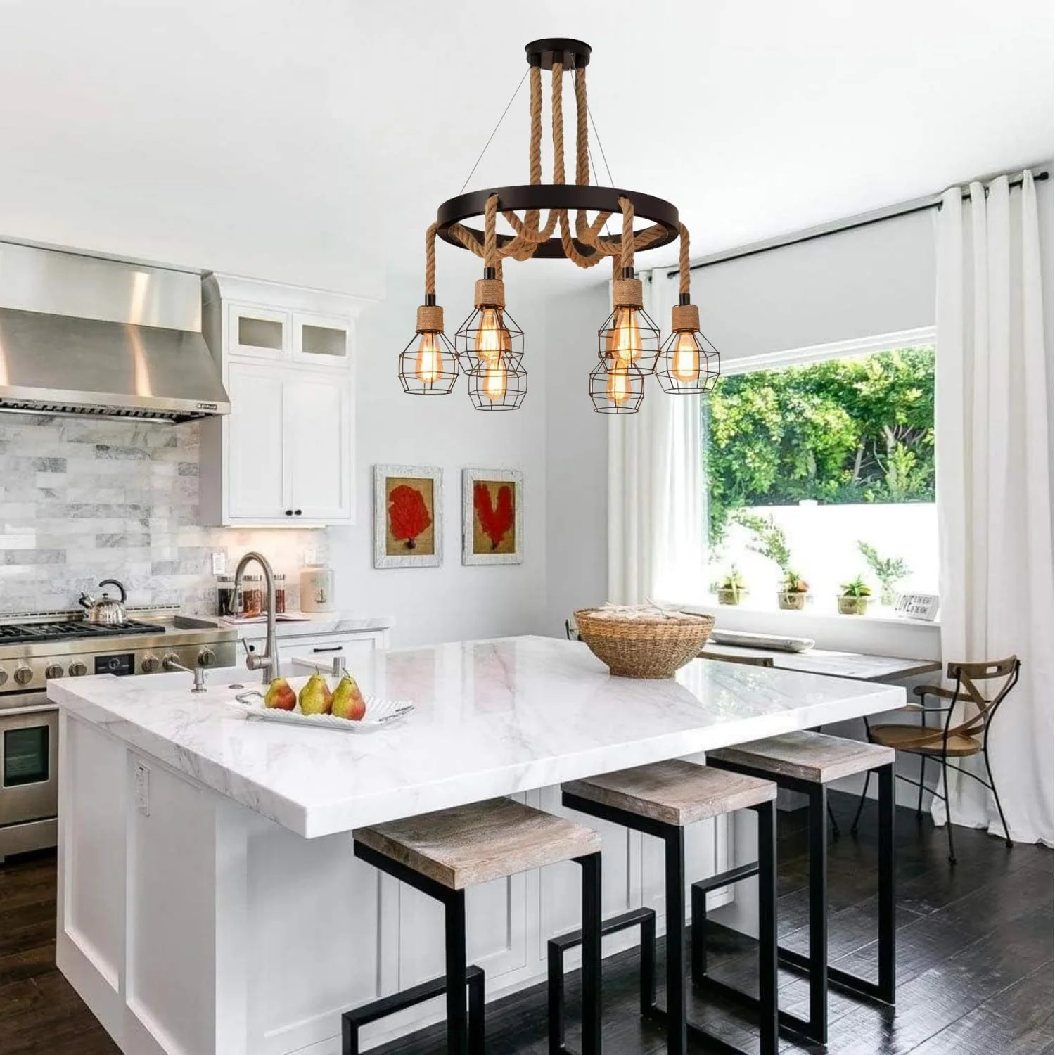 چراغ آویز صنعتی 6 شاخه HUA QIANG WANG، لوستر طناب کنفی روستایی، چراغ آویز قفس آهنی وینتیج برای جزیره آشپزخانه، اتاق غذاخوری، اتاق نشیمن، اتاق خواب چراغ آویز صنعتی 6 شاخه HUA QIANG WANG، لوستر طناب کنفی روستایی، چراغ آویز قفس آهنی وینتیج برای جزیره آشپزخانه، اتاق غذاخوری، اتاق نشیمن، اتاق خواب