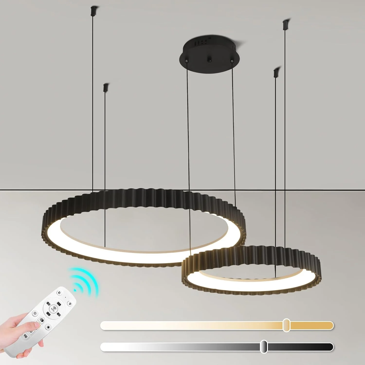 لوستر مدرن LED دو حلقه ای مشکی YATAI، چراغ آویز 55 وات دیمر شونده، ارتفاع قابل تنظیم با کنترل از راه دور برای اتاق ناهار خوری، اتاق خواب و اتاق نشیمن
