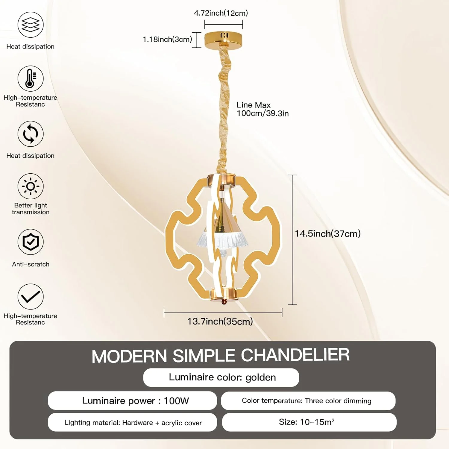 لوستر آویز LED مدرن YT YATAI LIGHTING، لوستر مدرن با قابلیت تنظیم نور 3 رنگ، لوستر آویز آکریلیک طلایی LED برای میز ناهارخوری، رستوران، اتاق نشیمن، 100 وات