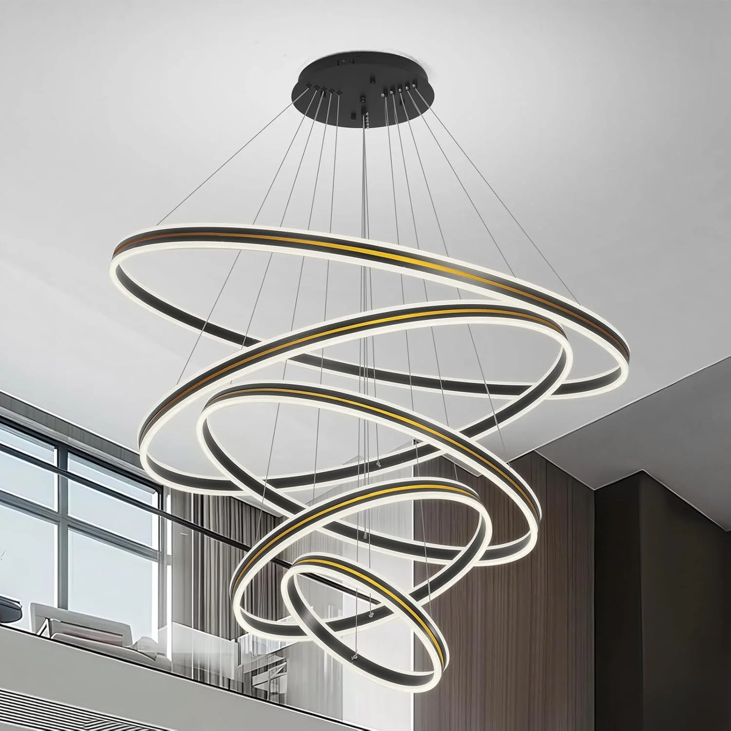 لوستر مدرن LED یاتای، لوستر مشکی 5 حلقه برای اتاق ناهارخوری، چراغ آویز سقفی LED مدرن با ارتفاع قابل تنظیم 454 وات، 3000K-6000K