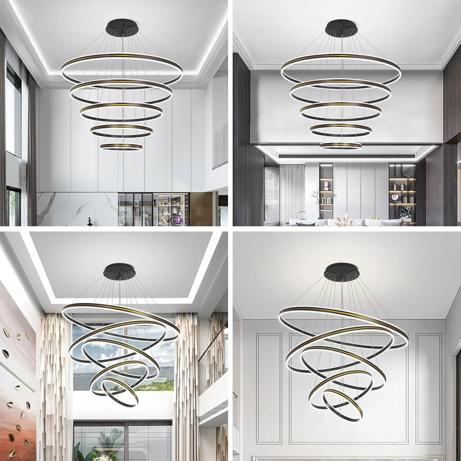لوستر مدرن LED یاتای، لوستر مشکی 5 حلقه برای اتاق ناهارخوری، چراغ آویز سقفی LED مدرن با ارتفاع قابل تنظیم 454 وات، 3000K-6000K لوستر مدرن LED یاتای، لوستر مشکی 5 حلقه برای اتاق ناهارخوری، چراغ آویز سقفی LED مدرن با ارتفاع قابل تنظیم 454 وات، 3000K-6000K