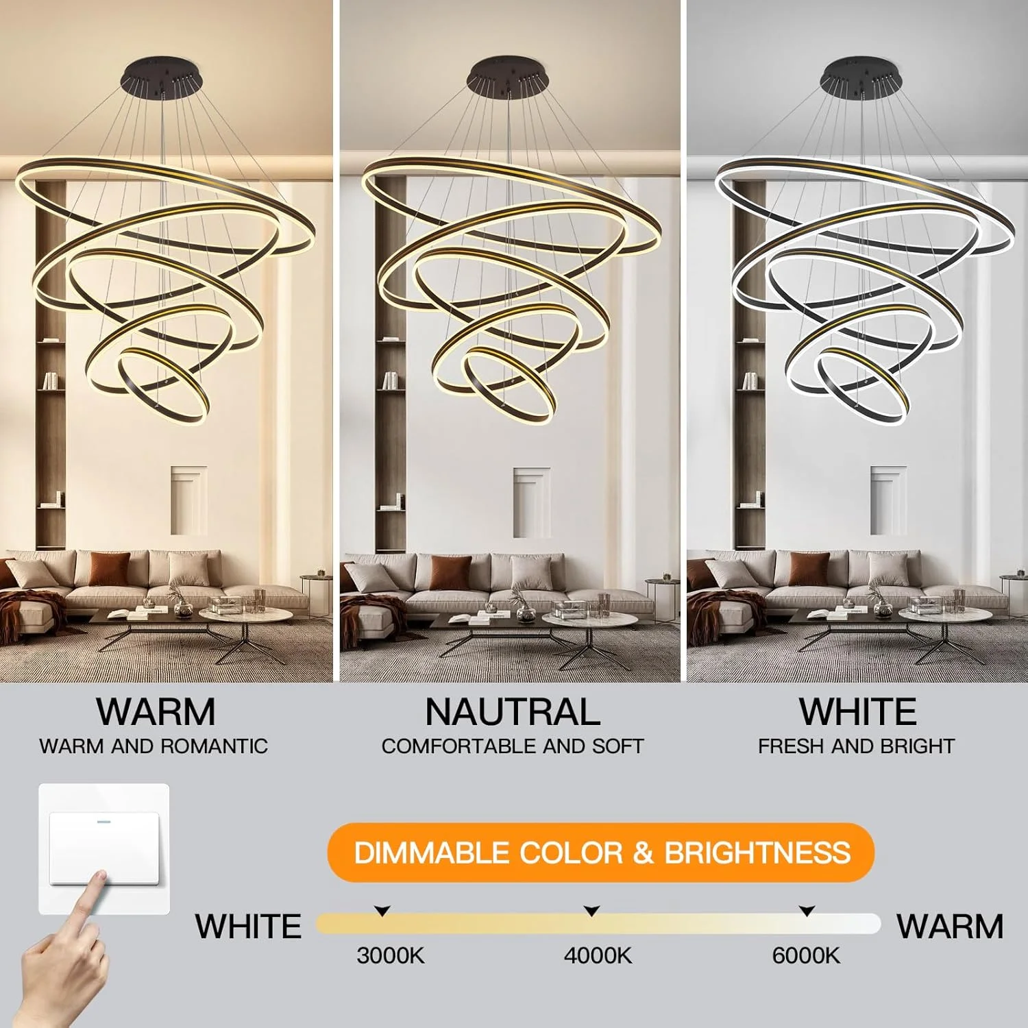 لوستر مدرن LED یاتای، لوستر مشکی 5 حلقه برای اتاق ناهارخوری، چراغ آویز سقفی LED مدرن با ارتفاع قابل تنظیم 454 وات، 3000K-6000K لوستر مدرن LED یاتای، لوستر مشکی 5 حلقه برای اتاق ناهارخوری، چراغ آویز سقفی LED مدرن با ارتفاع قابل تنظیم 454 وات، 3000K-6000K